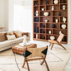 a living room filled with furniture and a book shelf